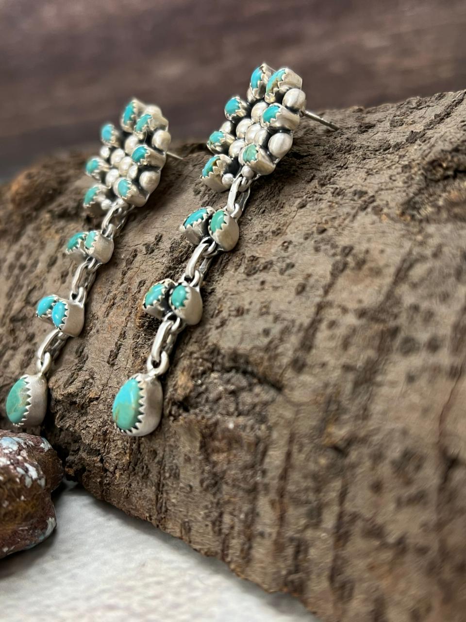 Handmade Sterling Silver Kingman Turquoise Post Dangle Earrings with Signed Nizhoni