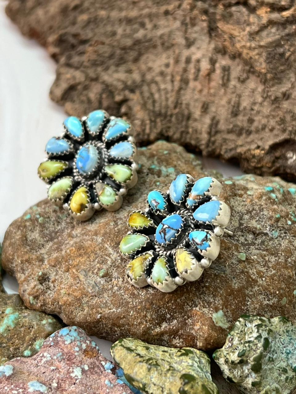 Handmade Sterling Silver Palomino with Golden Hills Turquoise Post Studs "Signed Nizhoni"