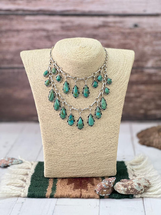 Handmade Sterling Silver Kingman Turquoise Double Layered Necklace with Signed Nizhoni