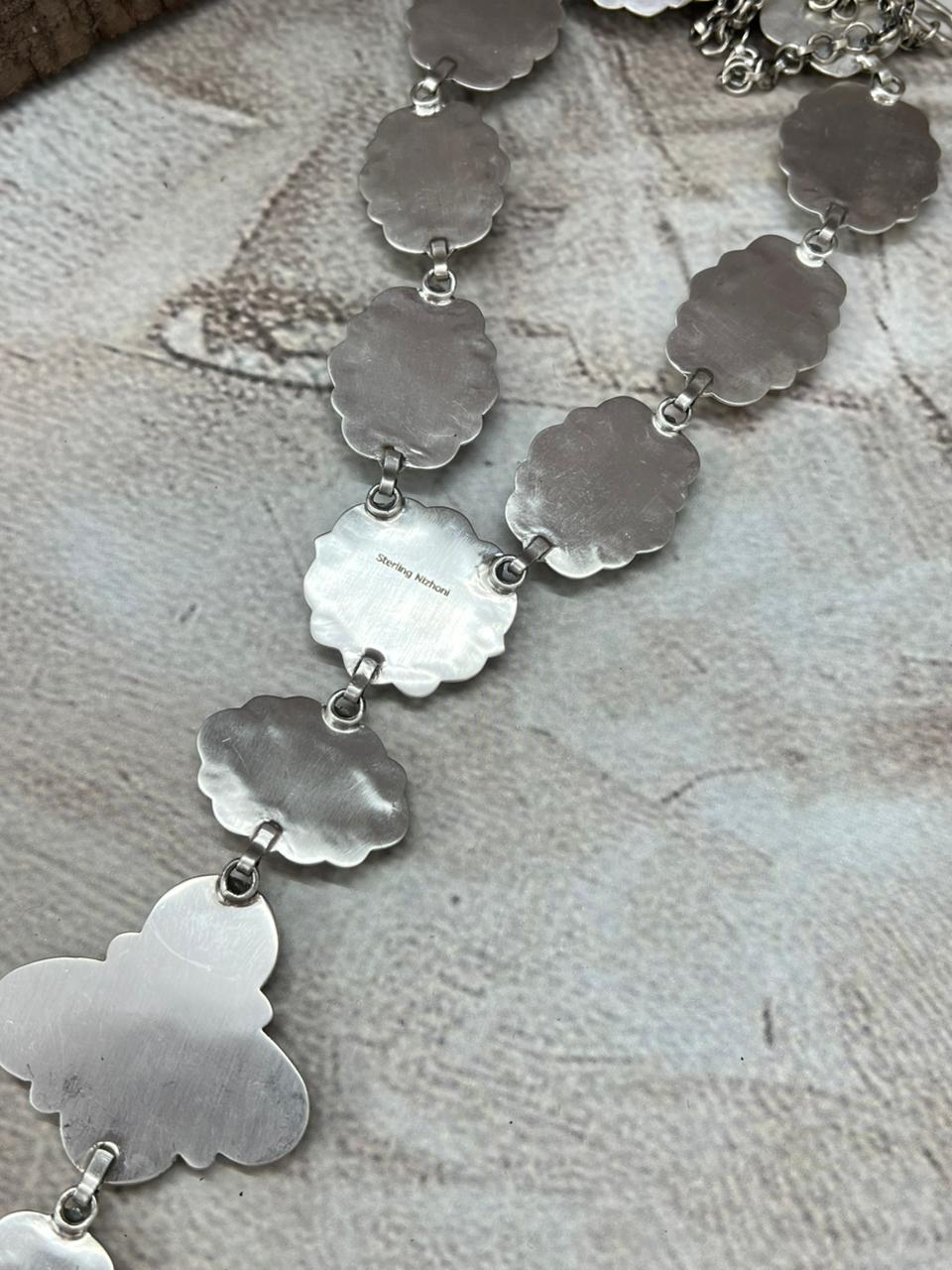 Handmade Sterling Silver Number 8 Turquoise Lariat Necklace with Signed Nizhoni