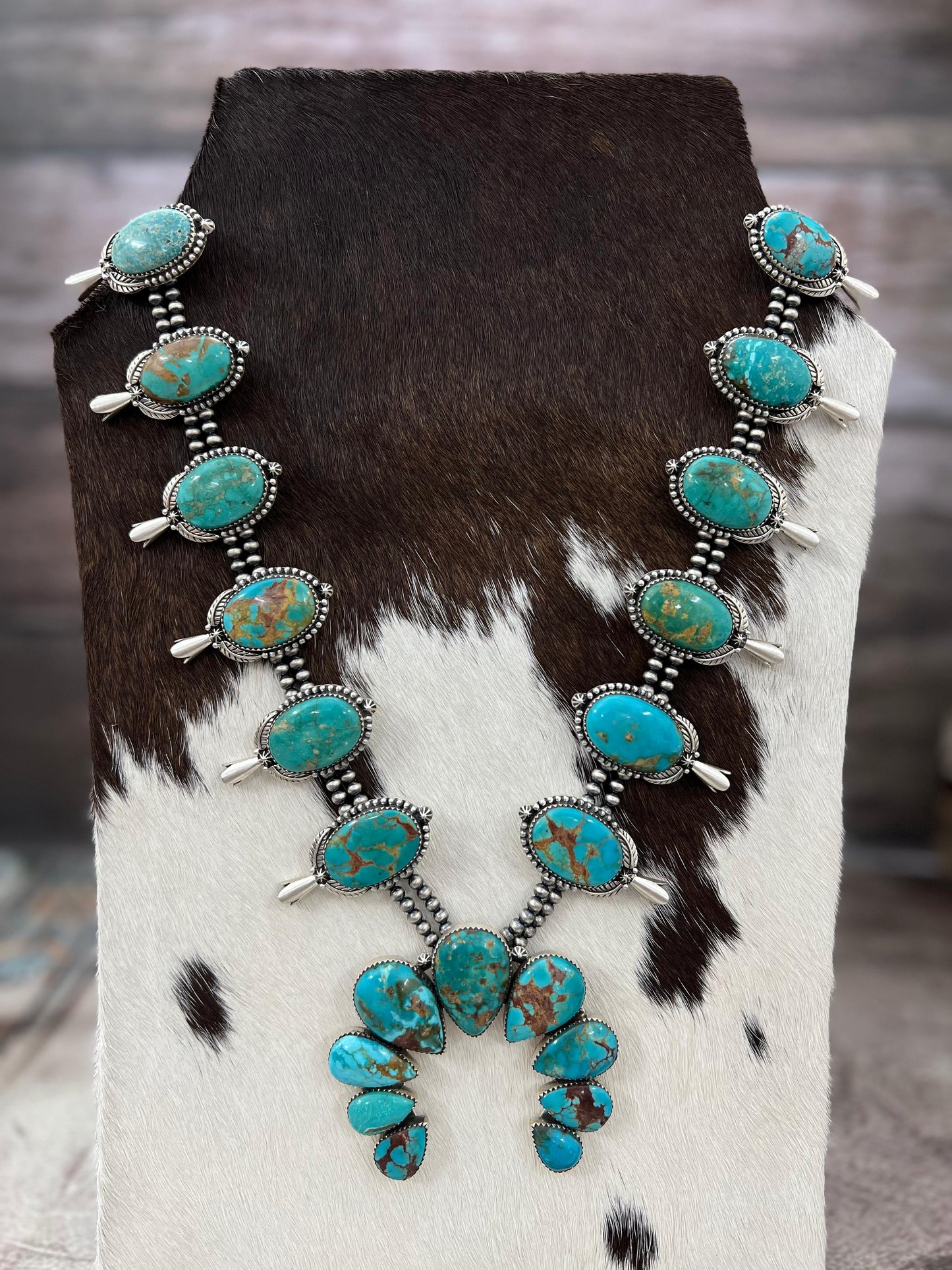 Handmade Sterling Silver Beaded Hardy Pit Squash Blossom Necklace with Signed Nizhoni