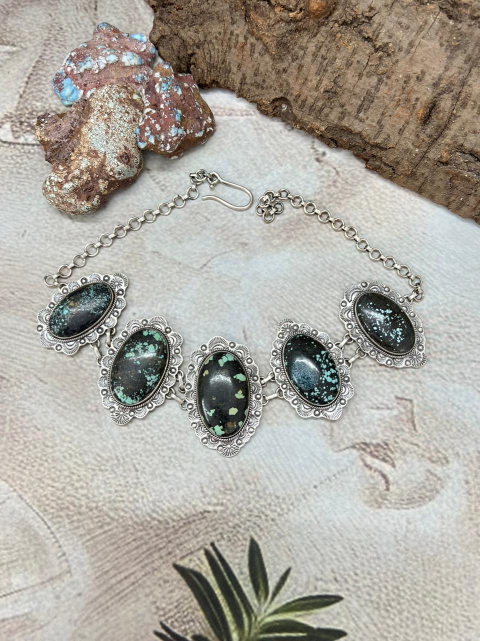 Handmade Sterling Silver Lander Turquoise Choker Necklace with Signed Nizhoni