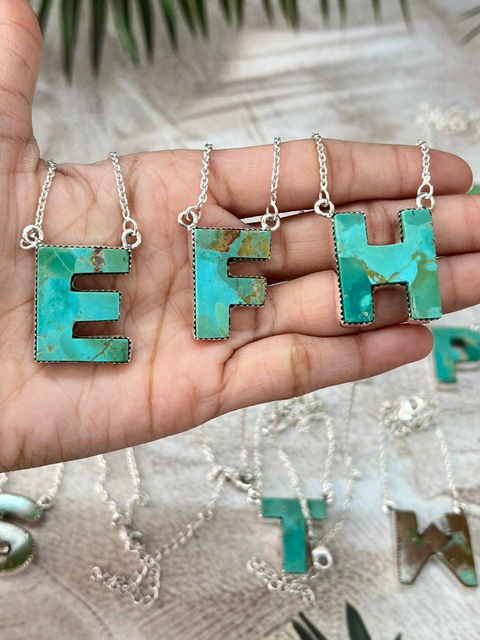 Handmade Sterling Silver Kingman Turquoise Multiple Letters Necklace with Signed Nizhoni