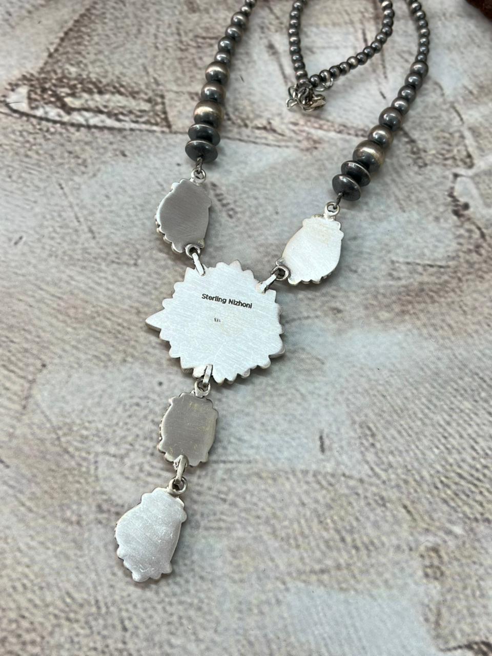 Handmade Sterling Silver Sonoran Mountain Turquoise Beaded Necklace with Signed Nizhoni