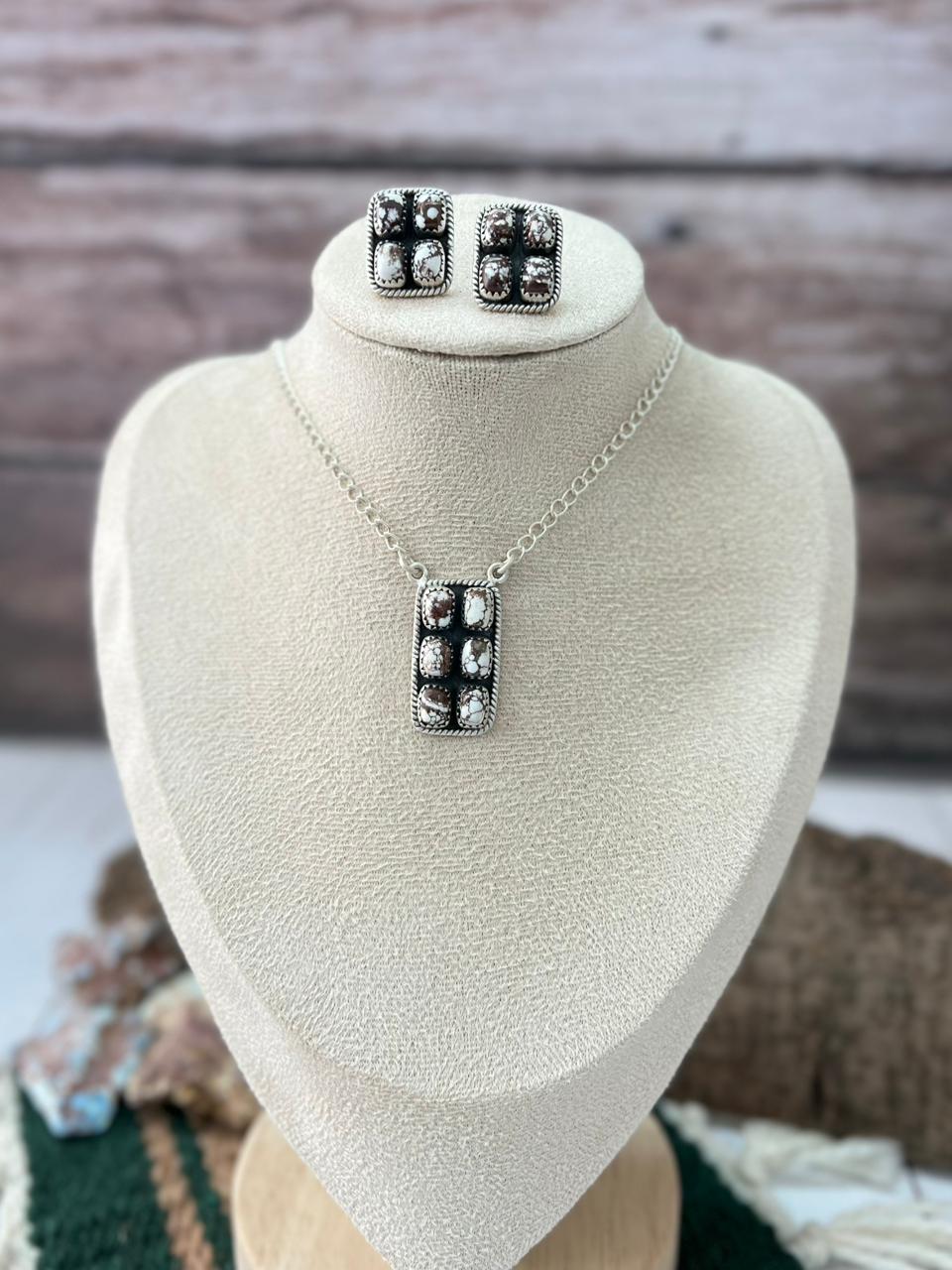 Handmade Sterling Silver Wild Horse Magnesite Necklace Earrings Set with Signed Nizhoni