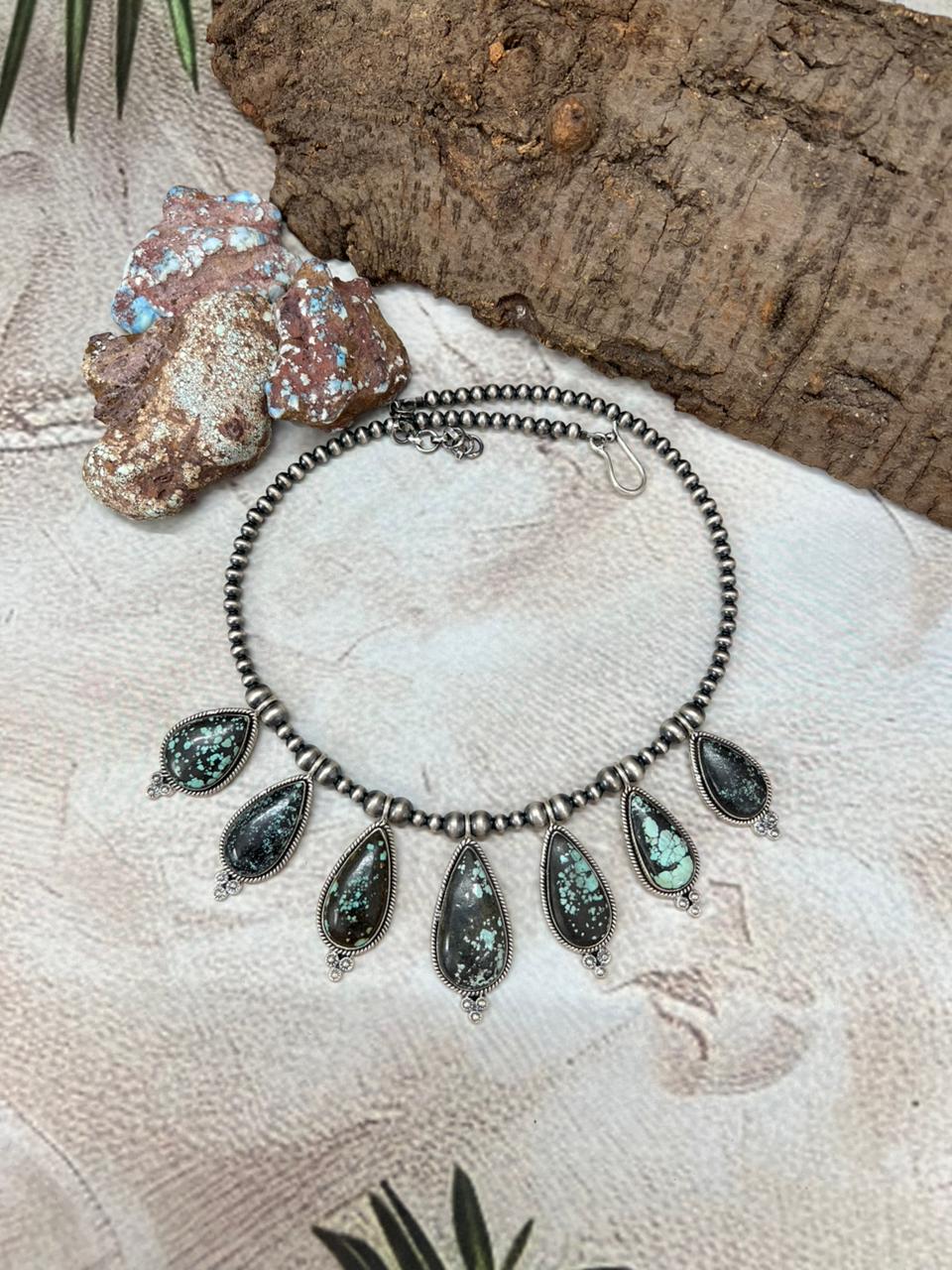 Handmade Sterling Silver Lander Turquoise Beaded Necklace with Signed Nizhoni