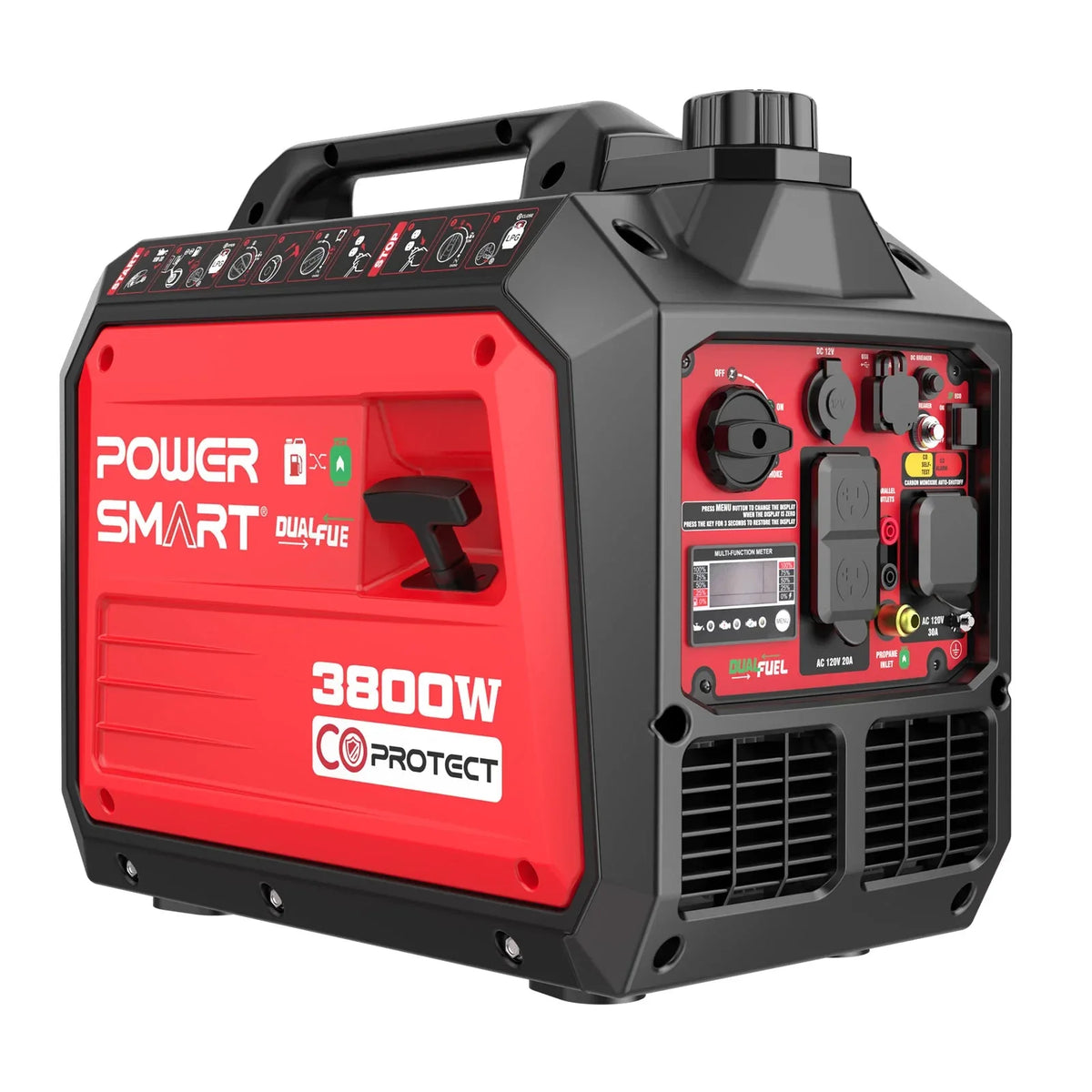 Generator displayed outdoors on concrete surface showcasing compact size and portability.