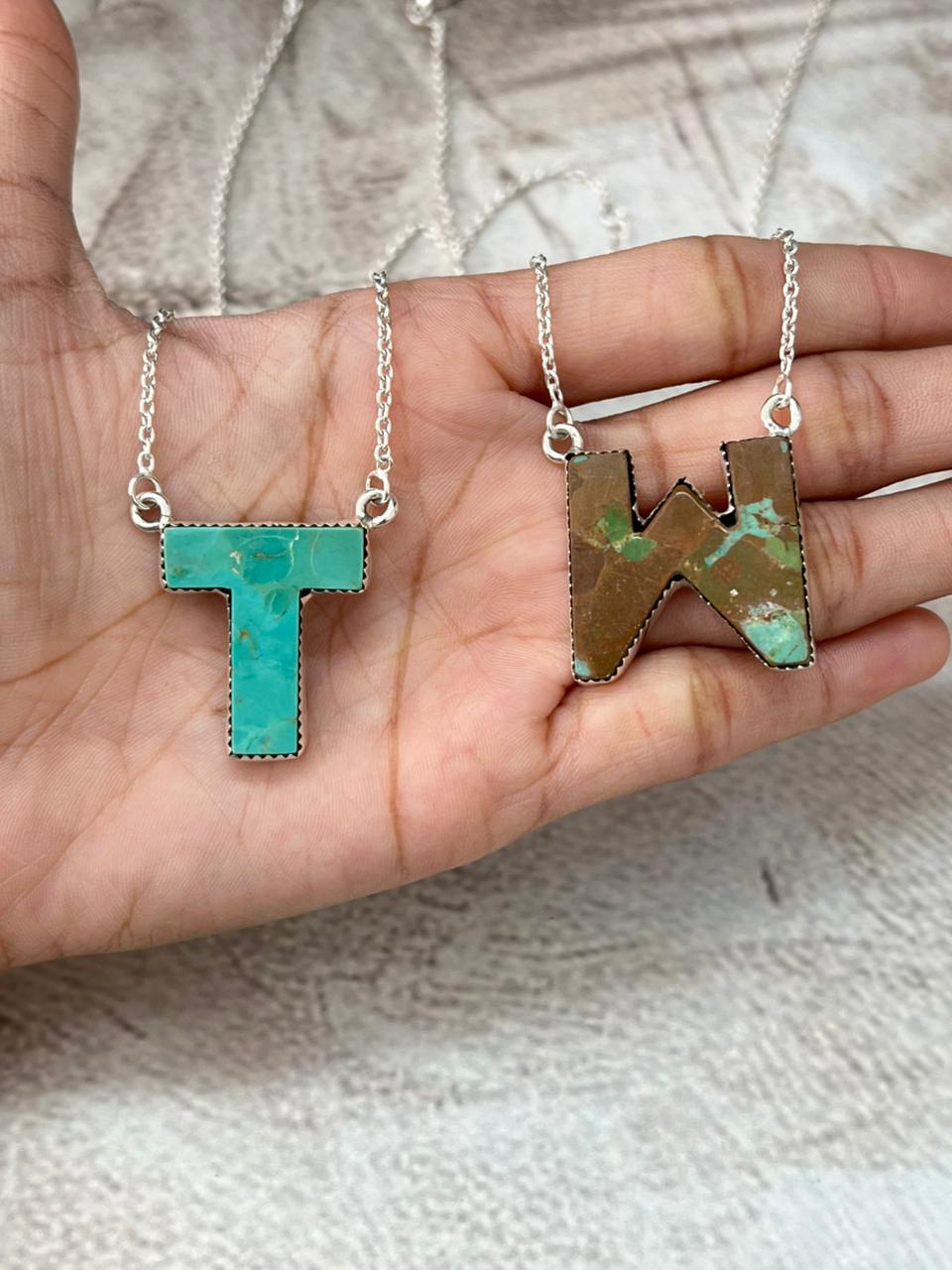 Handmade Sterling Silver Kingman Turquoise Multiple Letters Necklace with Signed Nizhoni