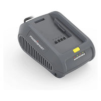 40V 4A lithium battery charger with ventilation slots and power cord on a white background.