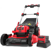 Front view of red cordless self-propelled lawn mower on green grass with steel 21-inch deck.