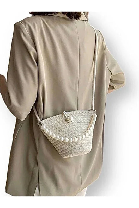 Women off white shoulder bag with pearl design elegant baguette
