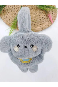 Boys grey plush winter earmuffs with floppy puppy ears for kids, soft and fluffy texture