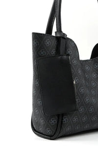 Side view of black faux leather women's bag showing adjustable shoulder strap and zipper closure.