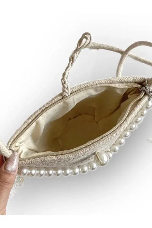 Women off white shoulder bag with pearl design elegant baguette