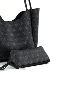 Interior view of spacious black faux leather bag with removable makeup pouch and detachable wallet.