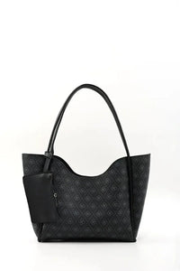 Close-up of detachable wallet and removable makeup bag inside the black faux leather purse.