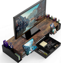 Desk Dual Monitor Stand Riser With Drawer Rustic Brown