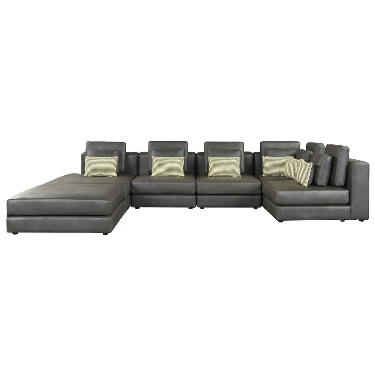 Large black modular sectional sofa with chaise lounge, featuring plush cushions and wide, spacious seating.