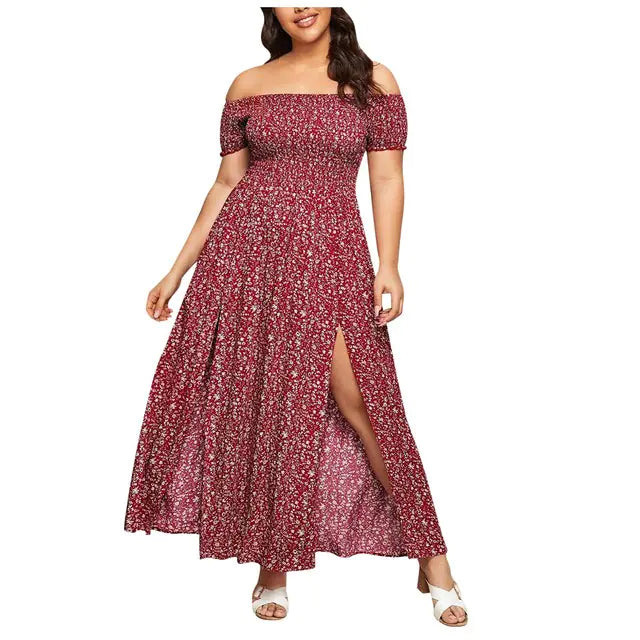 Plus Size Floral Print Off-Shoulder Summer Dress