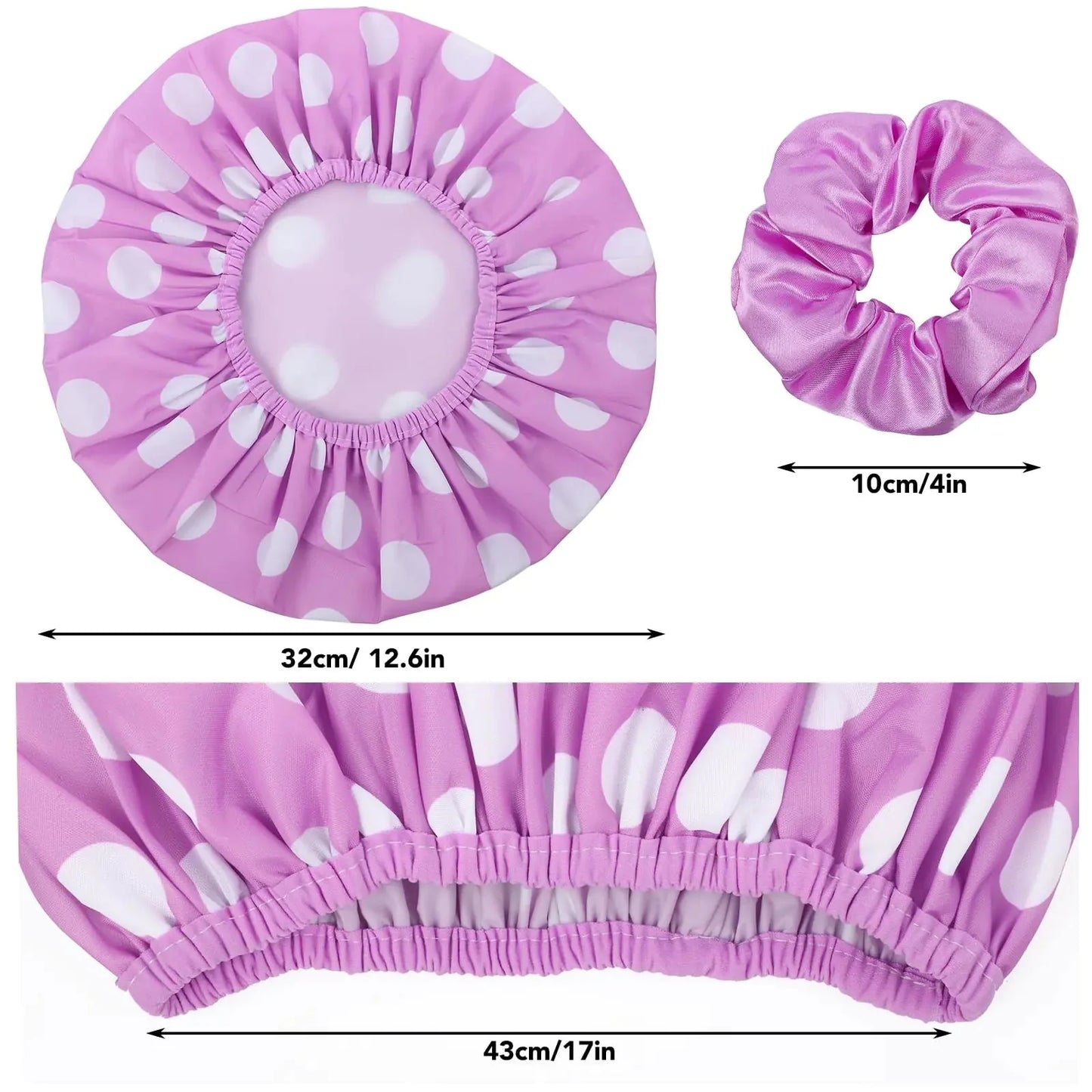 2 Packs Large Shower Caps for Women, Reusable Waterproof Shower Cap Bath Caps with Hair Scrunchies for Long Thick Hair (Purple/Orange) purple, orange