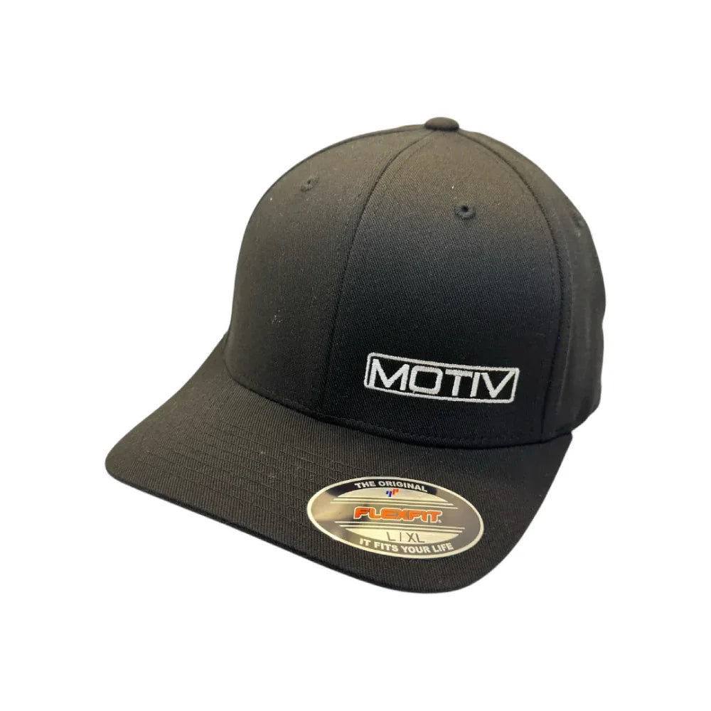 L/XL size MOTIV FlexFit black hat with white embroidered logo, structured fit and curved visor.