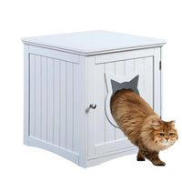 Side view of wooden cat house nightstand with cat door and open hinged door revealing interior space.