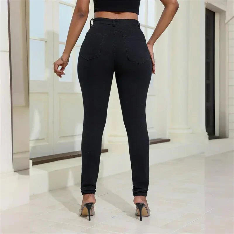 2024 Fashion Broken Holes Women Pencil Jeans Trend Streetwear Slim Fit Denim Pants Casual Solid Color High Waist Female Trousers