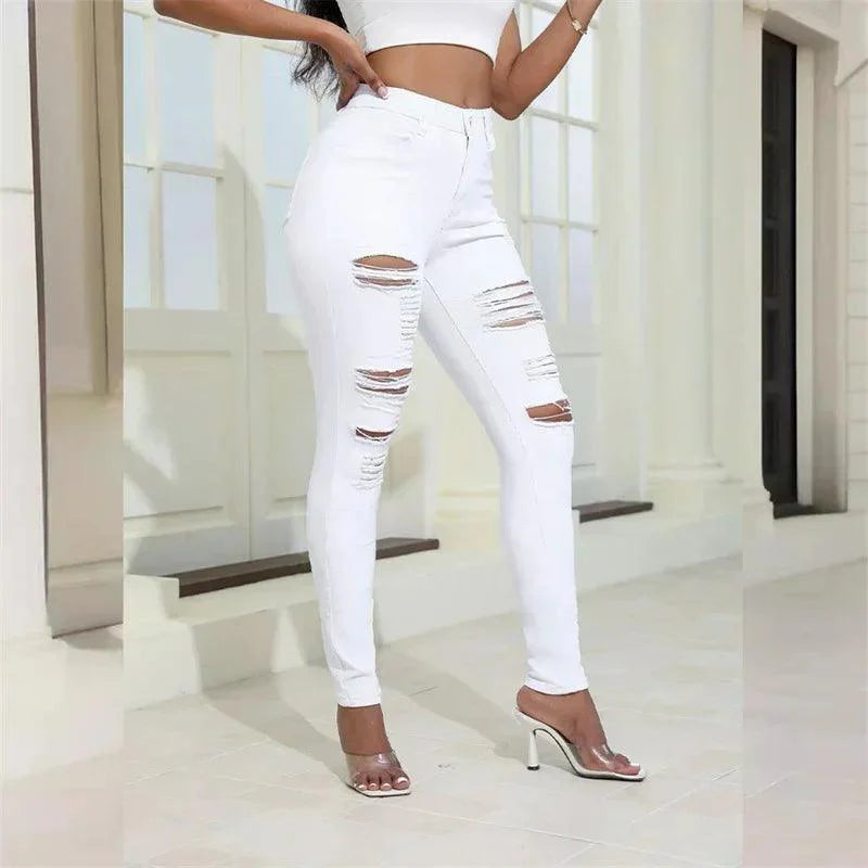 2024 Fashion Broken Holes Women Pencil Jeans Trend Streetwear Slim Fit Denim Pants Casual Solid Color High Waist Female Trousers