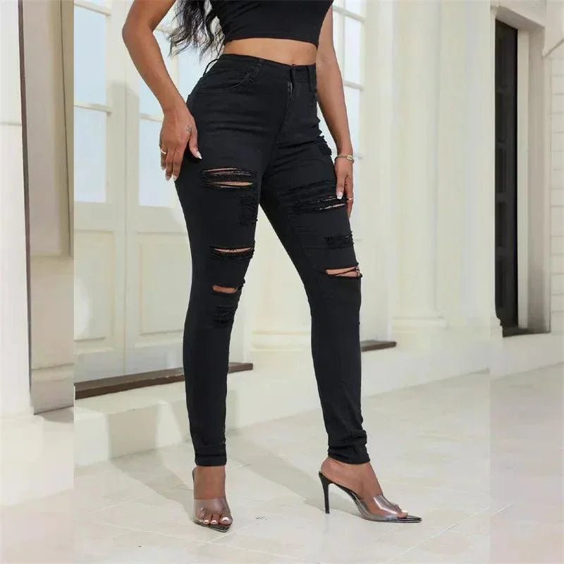 2024 Fashion Broken Holes Women Pencil Jeans Trend Streetwear Slim Fit Denim Pants Casual Solid Color High Waist Female Trousers