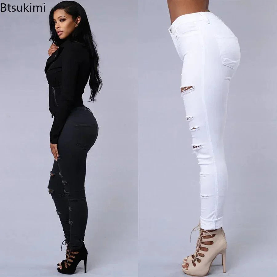 2025 Women's Stretch Skinny Ripped Hole Washed Denim Jeans Female High Waist Pencil Y2k Pants Jeans Ladies Casual Trousers Pants