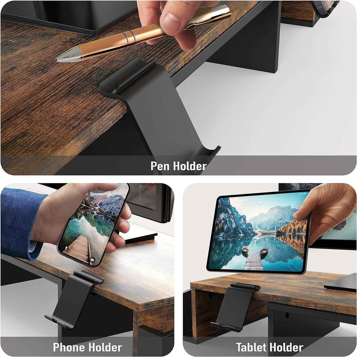 Desk Dual Monitor Stand Riser With Drawer Rustic Brown