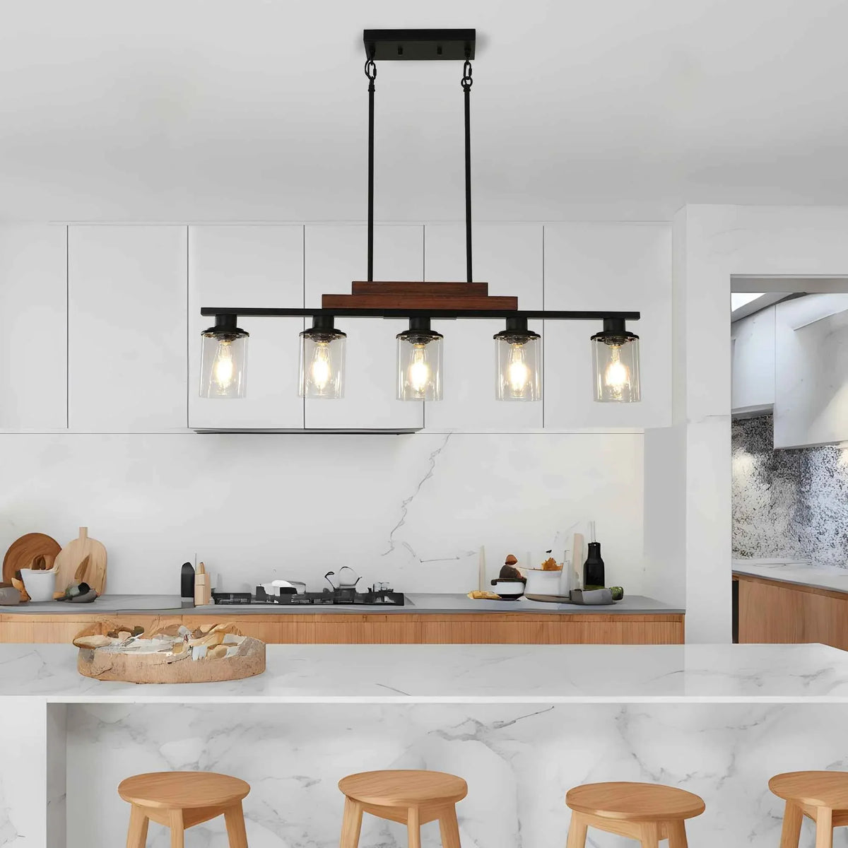 Farmhouse Industrial 5-Light Kitchen Island Pendant Light, Metal Wood