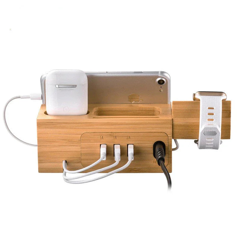 Side angle view of bamboo stand with three USB charging ports for multiple devices.