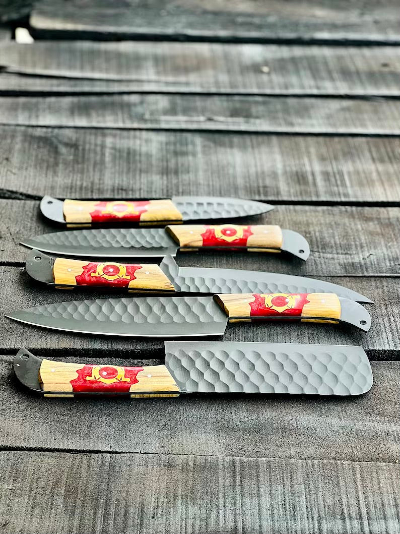 Stainless Steel Knife Set 13" – Forged Blades with Olivewood & Epoxy Handles + Leather Sheath