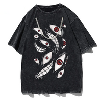 Model wearing white cotton t-shirt with anime eyes graphic in casual streetwear style
