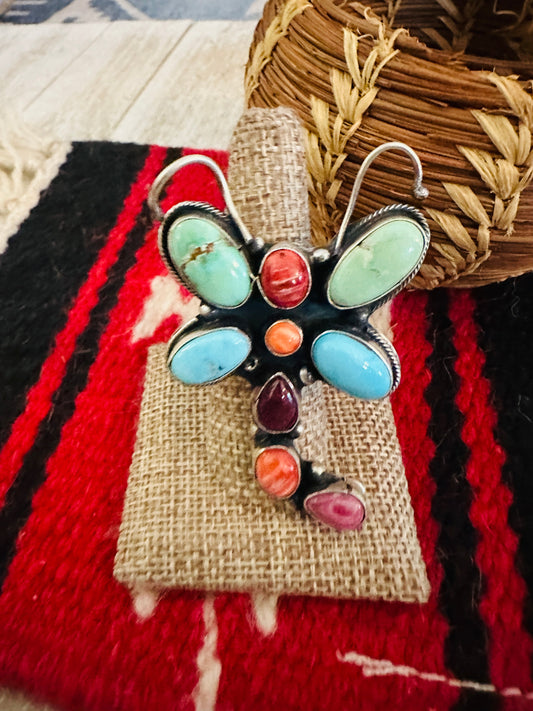 Hand Crafted Multi Stone & Sterling Silver Dragonfly Adjustable Ring