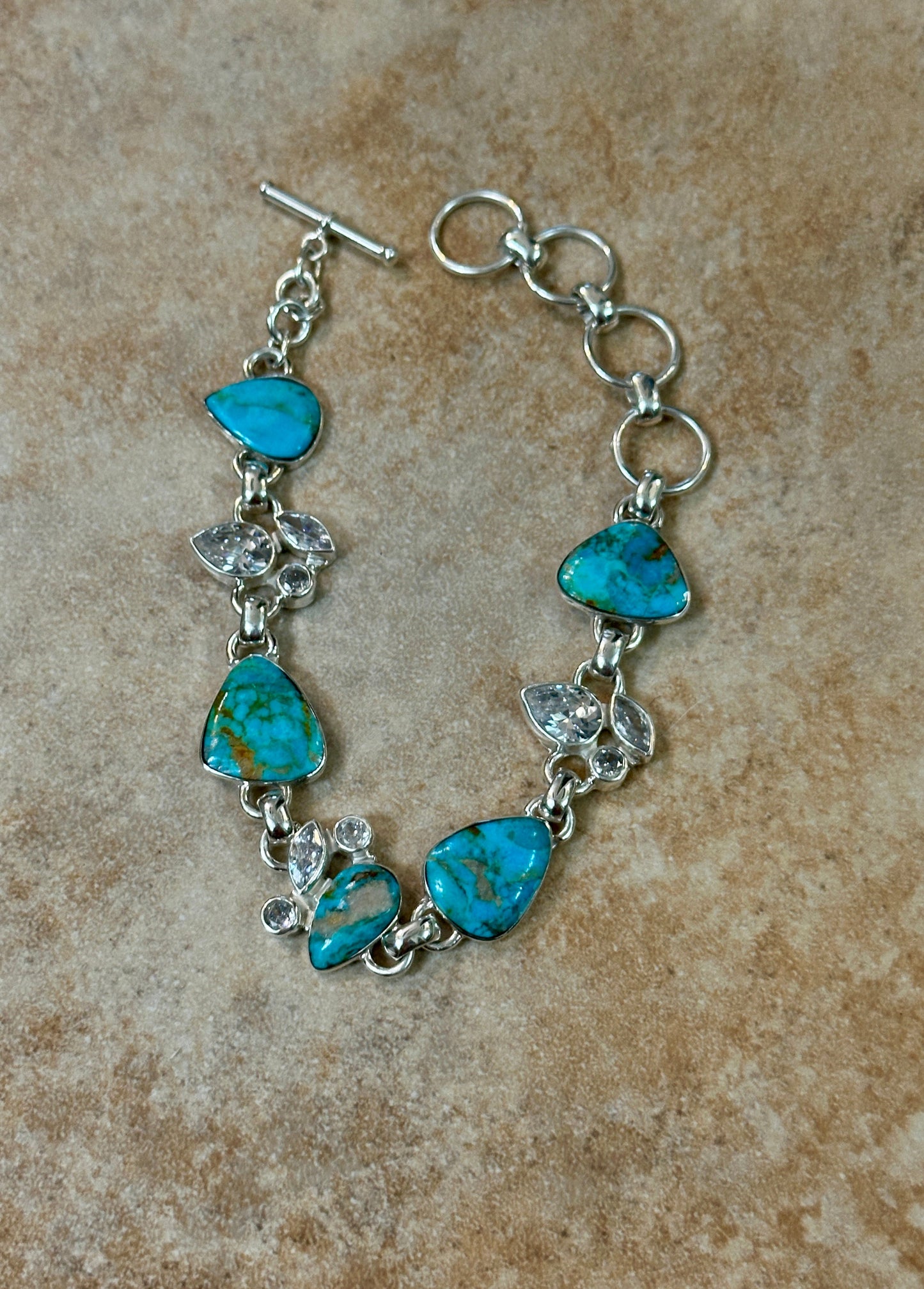 Turquoise 5 Stone & CZ Sterling Silver Bracelet