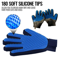 Close-up of pet grooming glove with soft rubber tips for hair removal and gentle massage
