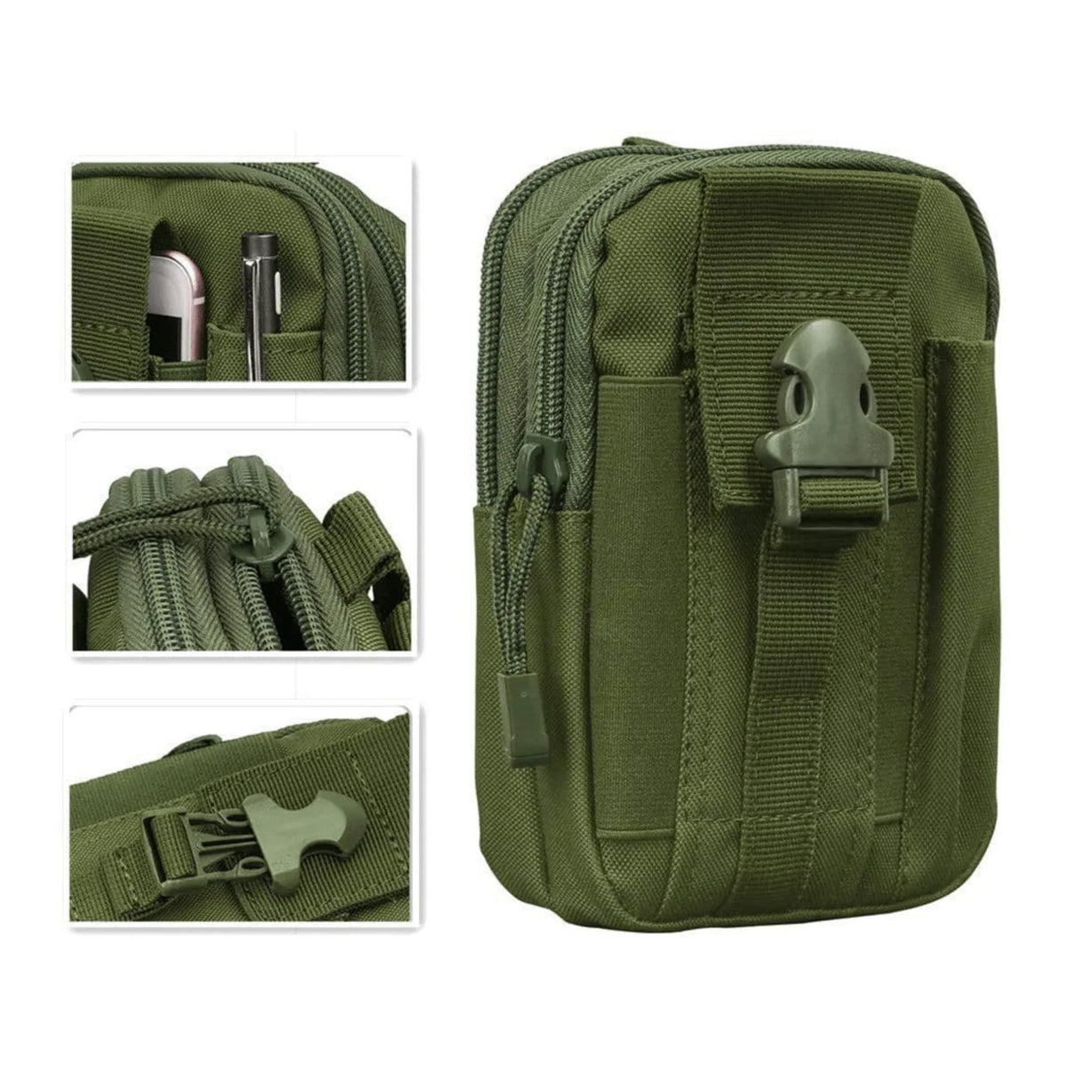 Tactical MOLLE pouch strapped on a camouflage backpack for outdoor use.