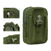 Tactical MOLLE pouch strapped on a camouflage backpack for outdoor use.