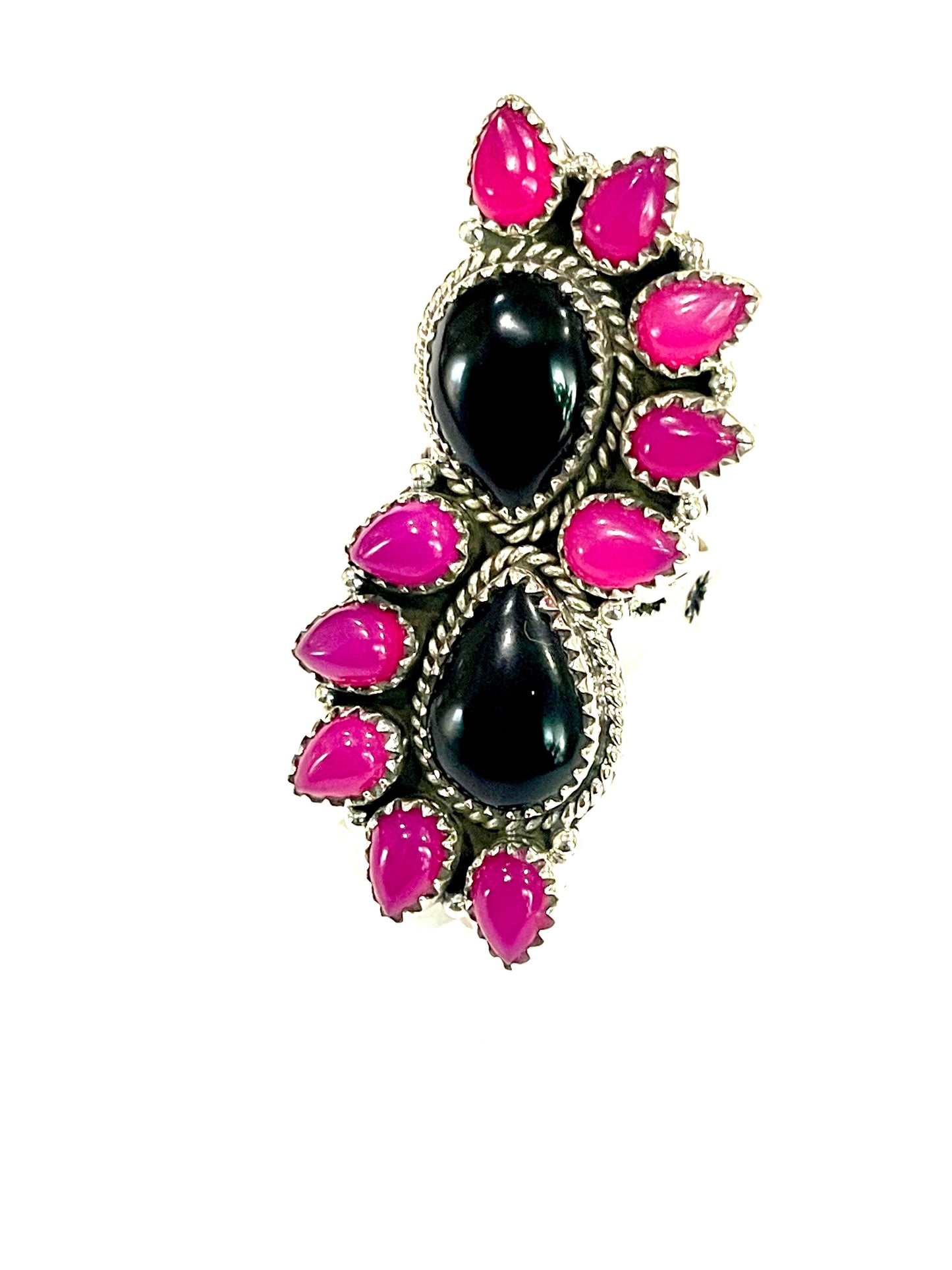Handmade Sterling Silver, Onyx & Pink Onyx Cluster Adjustable Ring
