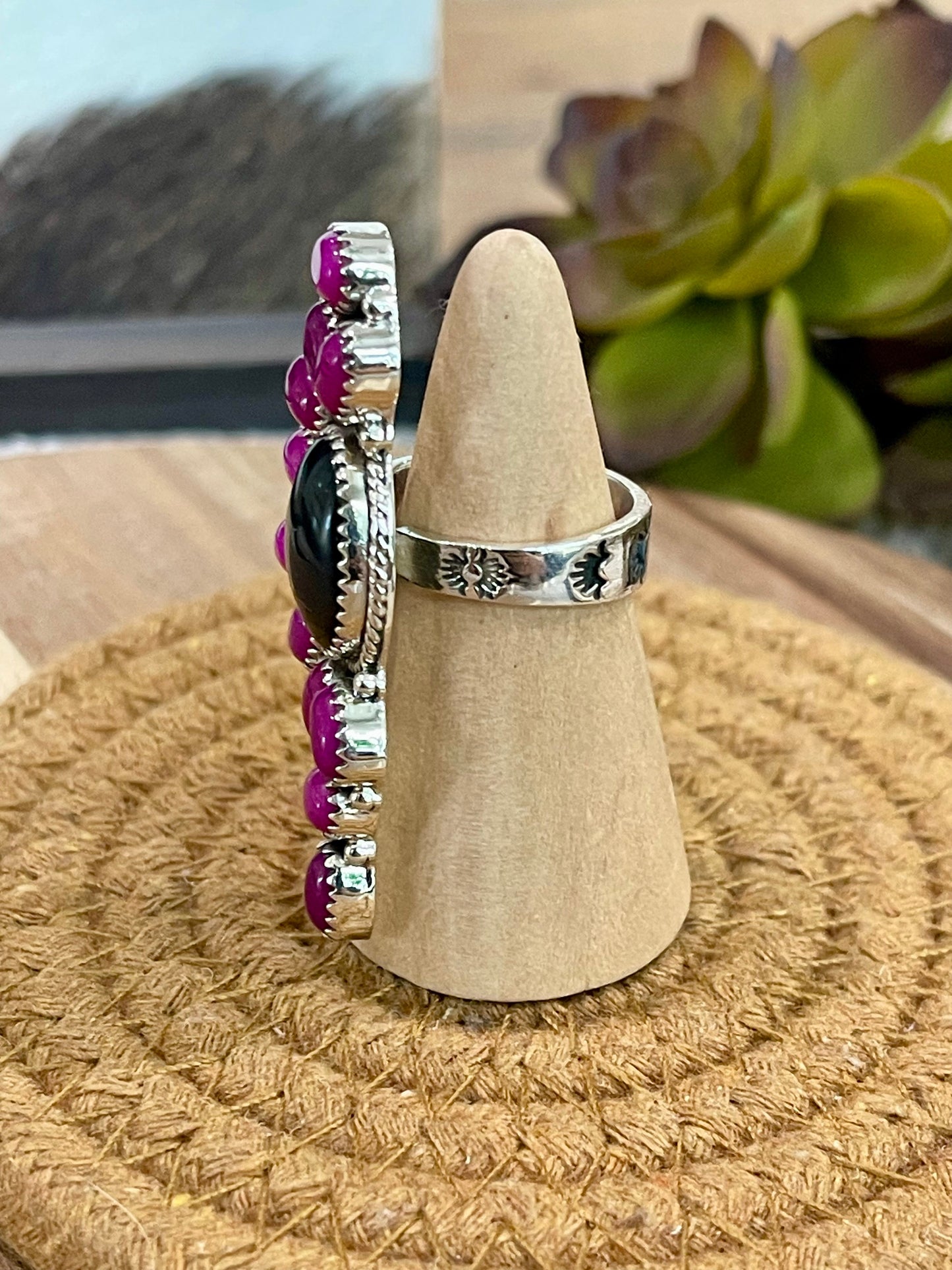 Handmade Sterling Silver, Onyx & Pink Onyx Cluster Adjustable Ring