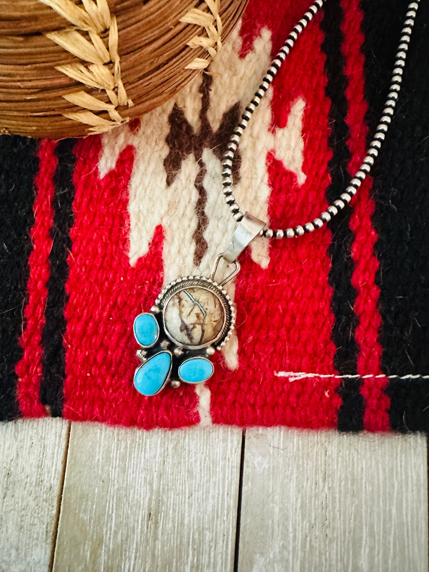 Handcrafted Sterling Silver & Ribbon Turquoise Pendant