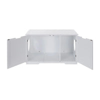 Washroom bench with litter box enclosure shown in a spacious, bright room.