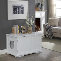 Side view of cat washroom bench with open entrance for cat access to litter box.