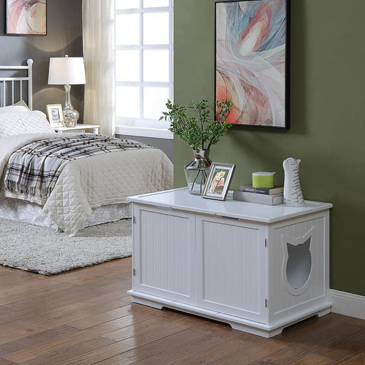 X-large wooden cat washroom bench with litter box enclosure in modern living room setting.