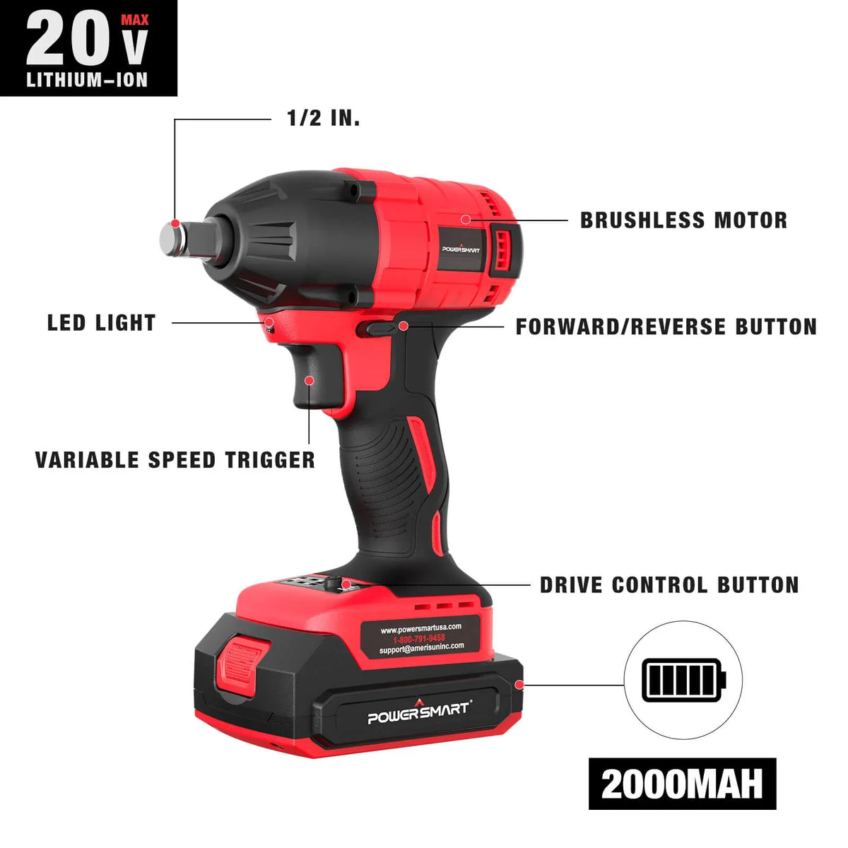 Impact wrench kit components including wrench, 5 sockets, battery, charger, and manual.