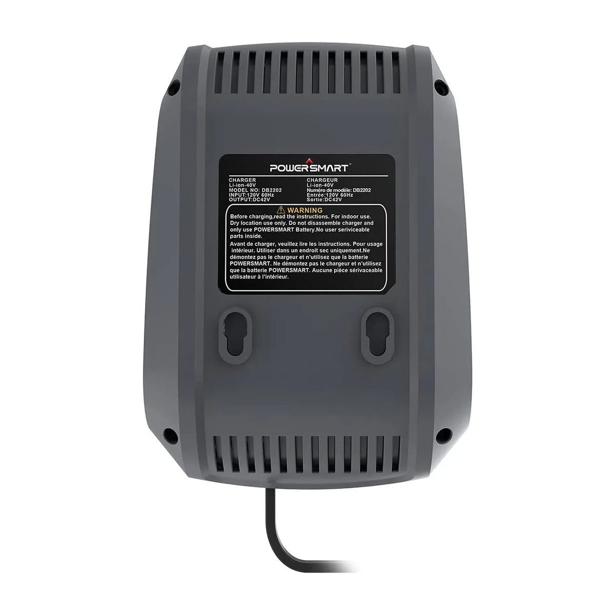 Close-up of the battery charger showing the label and power input port.