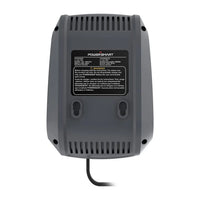 Close-up of the battery charger showing the label and power input port.