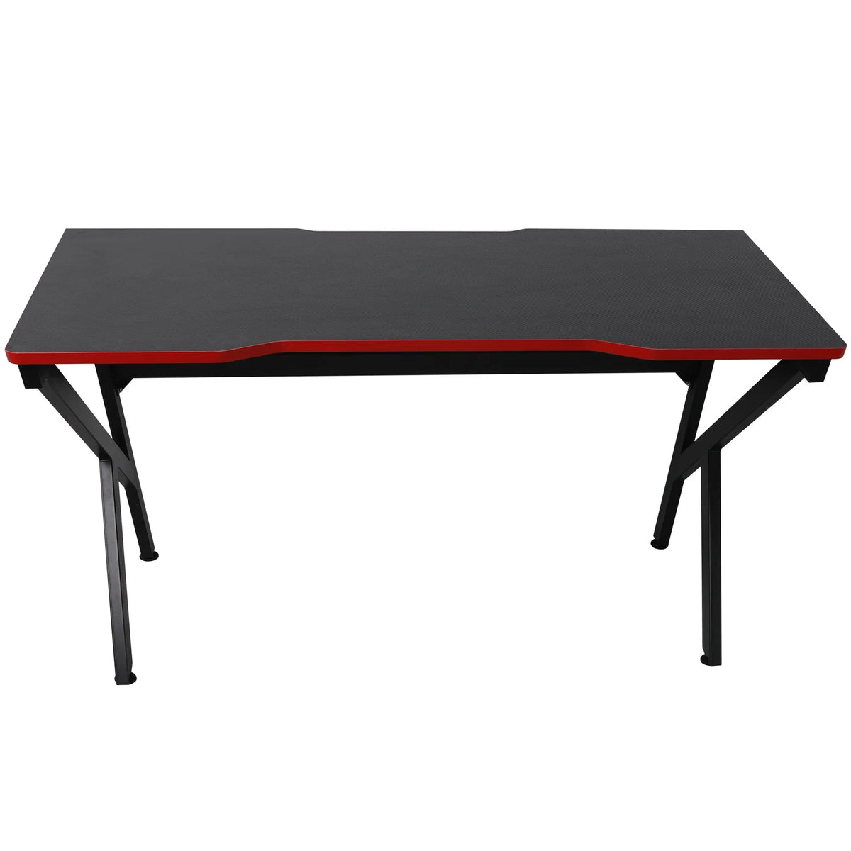 Close-up of gaming desk's carbon fiber textured surface and rounded edges.